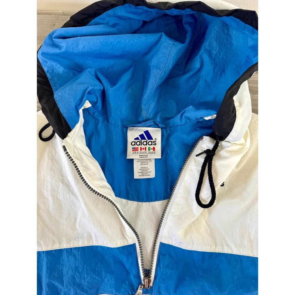 Vintage‎ Adidas Anorak Windbreaker Jacket Medium Tall White Blue Half Zip Hood